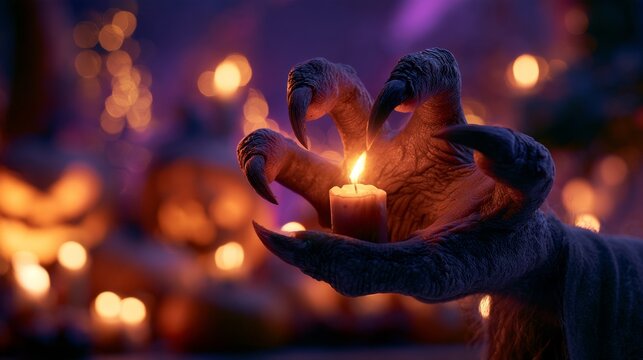 Hand of a witch or demon holding a candle, Halloween concept.