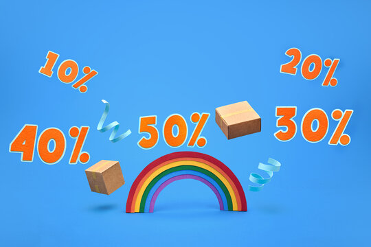 Celebrate discounts with colorful percentages and cardboard boxes