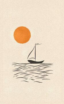 Minimalist Sunset Over the Sea with Sailing Boat Silhouette