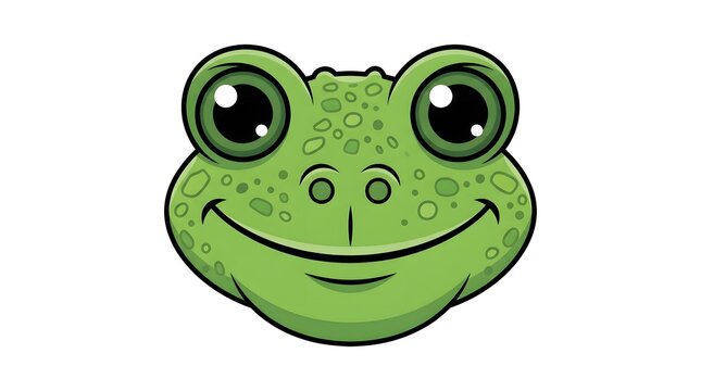 Cute Cartoon Green Frog Face Illustration with Big Eyes and a Happy Smile on White Background