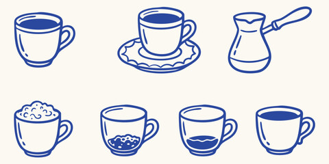 Obraz premium Collection of hand drawn doodle coffee cups and cezve with varying contents during morning light