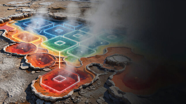 Geothermal springs featuring geometric hot pools and glowing fiber-optic channels displaying data temperatures in a natural landscape