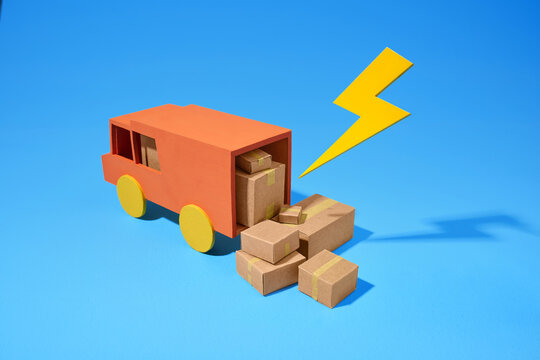 Orange delivery truck with packages and yellow lightning bolt