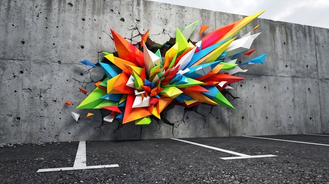 Colorful polygonal shards bursting through a cracked concrete wall with asphalt pavement below