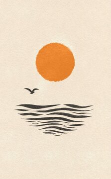 Minimalist Sunset Over the Sea with Bird Silhouette