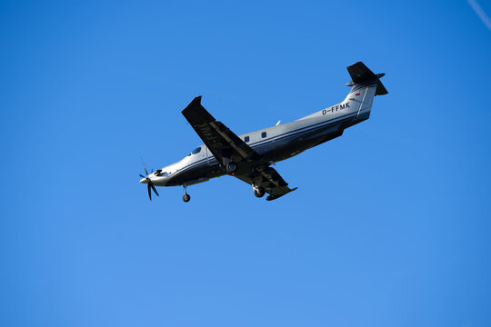 Arcus Air propeller airplane type Pilatus PC-12 NGX registration D-FFMKlanding landing at Swiss Z&uuml;rich Airport on a late summer day. Photo taken September 17th, 2026, Zurich Airport, Switzerland.
