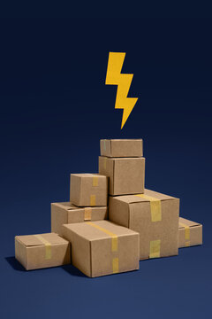 Stack of cardboard boxes with a yellow lightning bolt symbol
