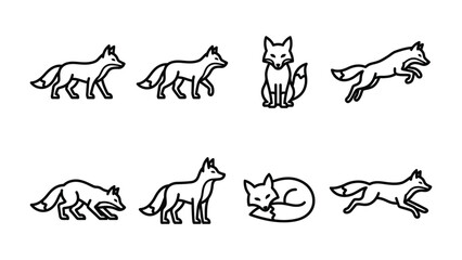 Fototapeta premium Collection of Fox Iconography: A set of simple line art icons depicts a fox in various poses, including standing, walking, sitting, sleeping, and running, offering a versatile visual element.