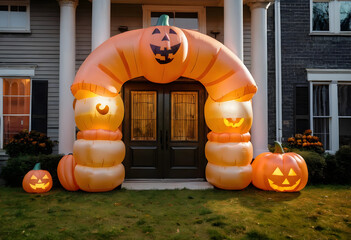 Obraz premium Halloween home decoration, inflatable pumpkin archway and jack-o-lanterns at front door for autumn holiday celebration and seasonal residential exterior