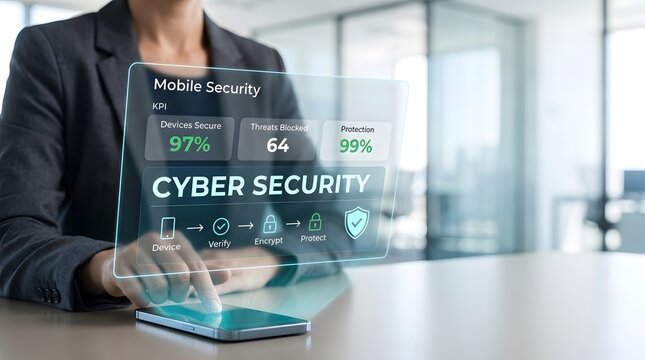 The future of digital protection a businesswoman interacts with a holographic cyber security interface representing advanced data encryption and network
