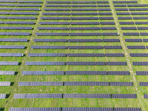 Aerial view of rows of photovoltaic solar panels arranged in a field with green grass in Italy.
