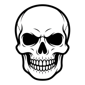 Black and white skull with angry expression vector illustration isolated on transparent background
