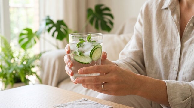 Woman holding a refreshing glass of cucumber mint infused water with ice cubes and fresh mint leaves PNG Isolated on transparent background