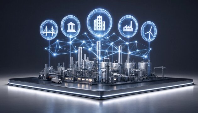 Industrial Plant Infrastructure Tokenization Concept with Glowing Holographic Icons for Bridges Banking Energy and Real Estate 