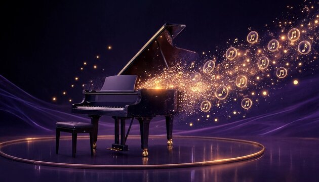 Grand Piano Music Rights Tokenization Concept Transforming Sound Waves into Musical Note Tokens on Stage