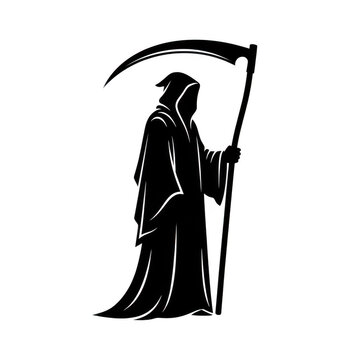 Black silhouette of grim reaper holding scythe isolated on transparent background