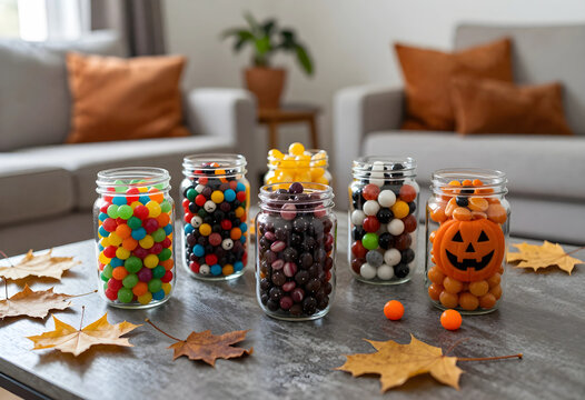 Halloween celebration and autumn festivities, glass jars filled with colorful candies and pumpkin decor on a table with fallen maple leaves in home
