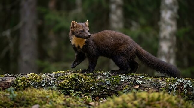 Pine marten walking through mossy forest floor in natural woodland setting with soft natural lighting