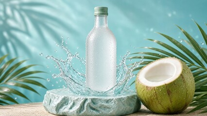 Obraz premium A clear glass bottle filled with fresh coconut water sits next to a halved green coconut on a textured stone slab surrounded by tropical palm leaves and splashing water.