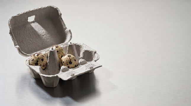 Three speckled quail eggs in open cardboard carton on metal counter GENERATED AI