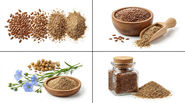 Flax seeds and ground linseed meal collection, organic brown flaxseed in wooden bowls and glass jar, healthy superfood ingredients on white background