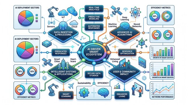 Futuristic technology and artificial intelligence infographic elements, complex graphic flowchart, sharp geometric layout, colorful data visualization pie charts and graphs, isolated clean background