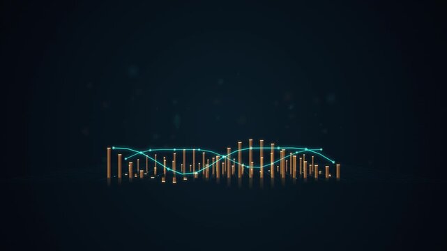 Abstract 3 d bar chart with glowing data wave lines for financial analysis and business growth visualization