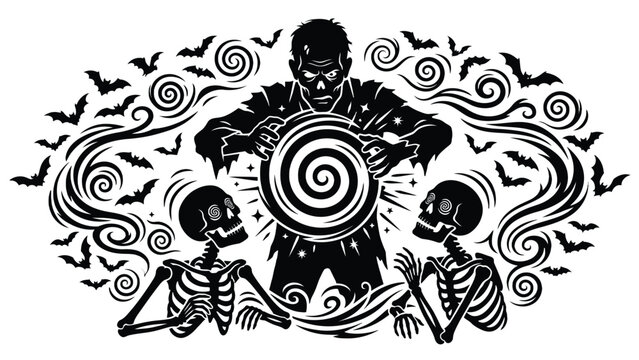 Frankenstein monster performing magical hypnosis on two skeletons using a glowing swirling vector graphic element design
