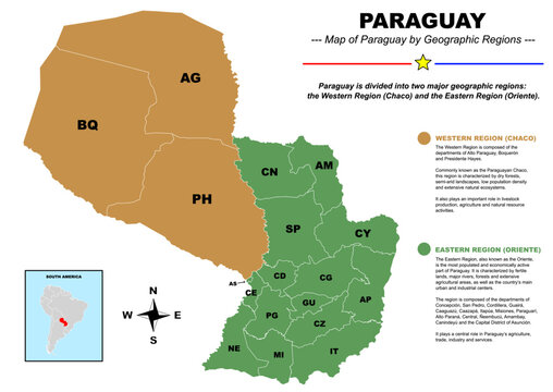 Paraguay Geographic Regions Map &ndash; Western Chaco and Eastern Region