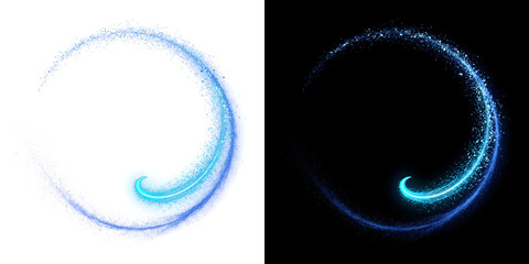 Blue particle circle of feathery dust ring shattering into scattered debris for design use in PNG, Transparent and Black Background Versions available © Guddoo