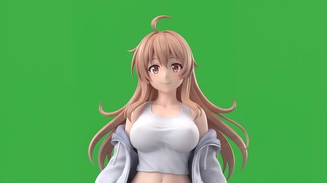Cute Kawaii Anime Girl Soft Silent Giggle Close-Up 3D Character Loop - 4K Green Screen Chroma Key