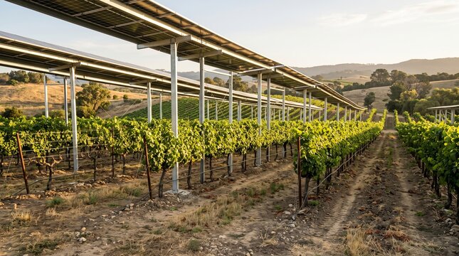 Agrivoltaics solar panels installed above grapevine rows in a modern sustainable agriculture vineyard at sunset