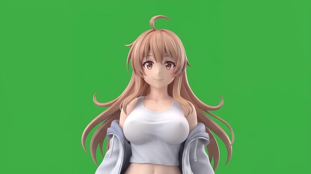 Cute Kawaii Anime Girl Soft Silent Giggle Close-Up 3D Character Loop - 4K Green Screen Chroma Key