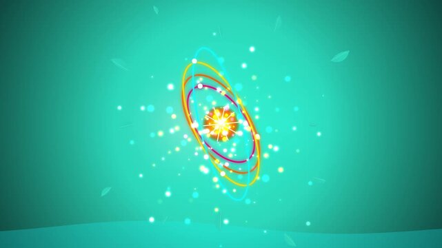 Abstract atom model with glowing particles and orbiting energy rings motion background, science physics