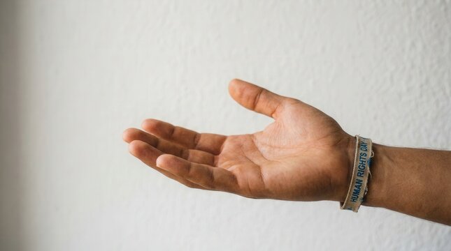 Open hand reaching forward against a white textured wall background indoors.