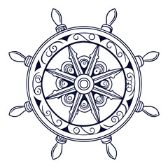Vintage Nautical Steering Wheel Vector Illustration Isolated on White Background, Classic Ship Helm Symbol for Sailing, Marine, Boat, Yacht and Ocean Travel Design © Bipul Roy