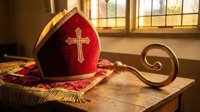 Bishop mitre and golden crosier resting on a wooden table inside a traditional church interior.