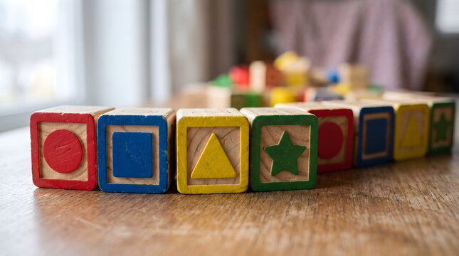 Abcde with colorful wooden blocks lined up on a wooden table for early childhood learning and play development