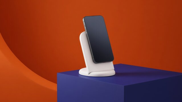 A white wireless charging stand holds a black smartphone vertically on a blue block against an orange backdrop.