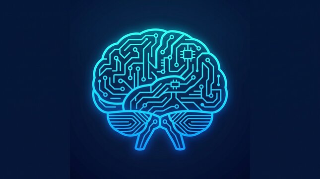 Artificial Intelligence and Machine Learning Concept, glowing digital brain with integrated circuit board patterns, high tech computer data processing