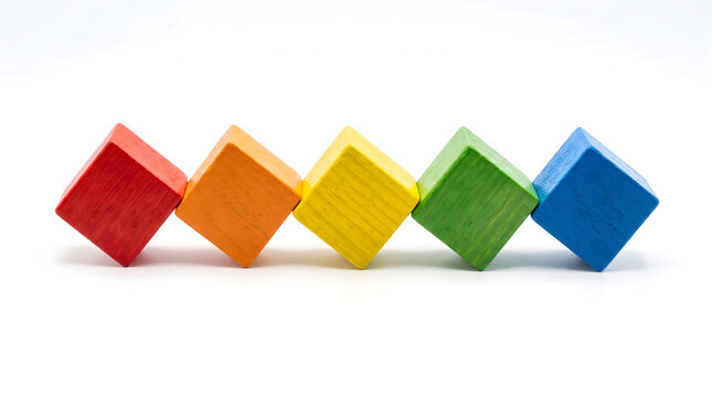 Abcde colored wooden blocks arranged in a row demonstrating learning concepts and abcde in studio background