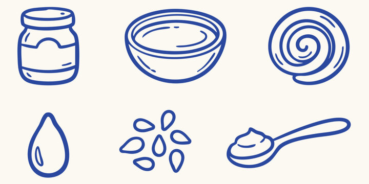 Hand drawn doodle ingredients for cooking with sesame oil in a jar bowl seeds and spoon on a light background