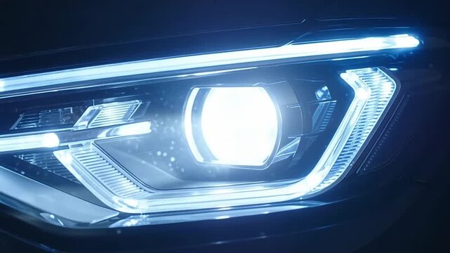 Close Up of Futuristic Car Blue LED Headlight Turning On in Dark Studio Light