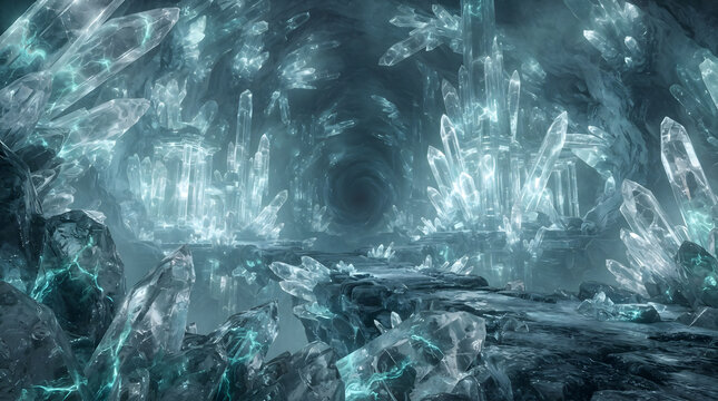 Mysterious fantasy crystal cave with glowing ice minerals, 3d rendering of magical underground stone cavern and icy crystal mine environment