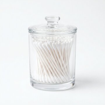 Glass jar of white cotton swabs isolated