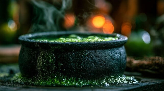 Black cauldron with boiling green liquid, Halloween concept.