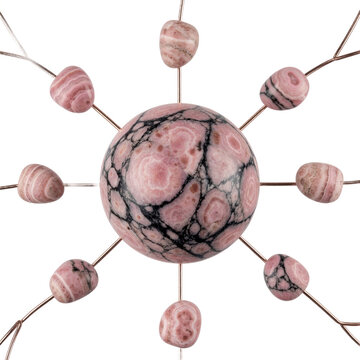 Rhodonite sphere, polished rose gold wires, rhodochrosite crystals, isolated object on transparent background