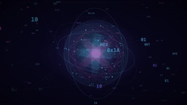 Abstract digital data orbital signal bloom with binary code and network connectivity graphics.