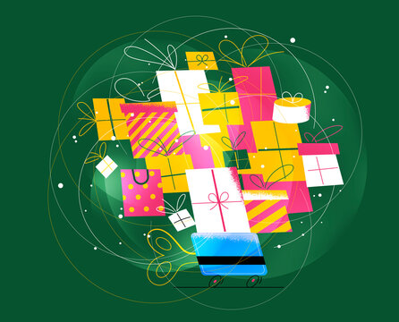 gift boxes riding on credit card &ndash; concept of online holiday shopping