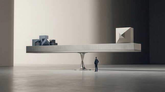 A 3D render of a businessman standing beneath a giant balancing beam holding dark blue cubes and a light pyramid in a minimalist interior.